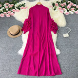 Zingj Sense Of Socialite Temperament Three House Pleated Lantern Long Sleeve Collar Loose A Line Solid Color Dress Elegant