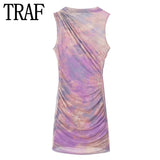 Print Tulle Short Dresses For Women Ruched Mesh Mini Dress Woman Beach Summer Dress Women 2023 Sleeveless Party