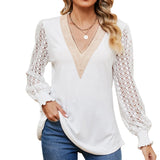 Zingj New Autumn / Winter 2024 Women's V-Neck Lace Stitching Hollow-Out Long Sleeve Loose Jacket T-Shirt-Outfit