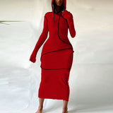 Long Sleeve Hooded Patchwork Skinny Maxi Dress Autumn Winter Women Fashion Streetwear Casual