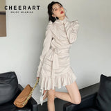 Puff Sleeve Velvet Black Beige Long Sleeve Dress Women Tunic Ruffle Lace Up Ruch Hollow Out Bodycon Mini Ladies