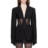 Zingj Coat Female 2024 New French Casual Fish Bone Beam Waist Mesh Stitching Slim Perspective Small Suit