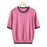 Zingj New Loose Show Thin Middle Sleeve T-Shirt Bottom Top Thin T-Shirt Women's Round Collar Five Minute Sleeve Patchwork Color Knit Women-Outfit