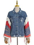 Zingj 2024 New Street Hipster Fan Contrast Color Splicing Knit Sleeve Design Sense Denim Jacket Loose