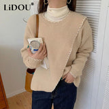 Winter Korean Style Elegant Fashion Sweet Sweater Lady Side Slit All-match Loose Casual Knitted Pullover Top Women