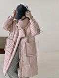 Scarf Long Down Jacket Female 2024 Winter Korean Sweet Thick Pocket Over The Knee White Duck Down High-End Coat-Outfit