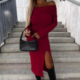 Zingj Hot Style Autumn And Winter New Long Sleeve Solid Color One Word Collar Slit Dress