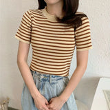 ice cream color tee-shirt female short Cute t-shirt striped slim knitting Top Short Sleeve