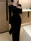 Velvet Black Midi Dress Women Elegant Chic Designer Long Sleeve Dress Sexy Casual Evening Party Formal Occasion Dress