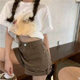 Crimping Shorts Denim Women High Waist Simple Korean Style A-line Ulzzang Vintage Students All-match Fashion