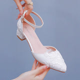 Cm Square Thick Heel Tip Hollow Sandals Spring Square With Light White Lace Mesh Bride High Heels