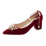 Shoes Bride Shoes Chinese Red Single Shoes Spring And Autumn New Rhinestone Bow A String Of Beads Buckle Thick Heel High-Heeled