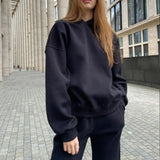 Hooded Sweatshirt and High Waist Trouser Suits Fashion Autumn Winter Solid Loose 2 Piece Female Set Tracksuit Black