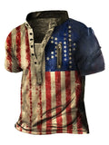 Summer Casual Short Sleeve T-shirt Men Vintage Button O-Neck Loose Pullover Tops Fashion Pattern Printed Tee Men