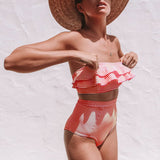 Sexy Swimming Suit Irregular Striped Cascading Ruffles High Waist Bikini Swimwear