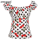 Sexy Women Tops Slim Off The Shoulder Rockabilly 50s Style Vintage Polka Dot Cherry Floral Printing Short Sleeve