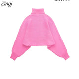 Women Fashion Loose High Neck Knit Sweater Vintage Wide Long Sleeve With Cuffs Female Pullovers Chic Tops