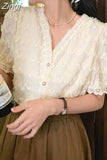 Summer Lace Chiffon Blouse and Tops V Neck Fashion Short Sleeve Shirts Women's Casual Lady Buttons Female Clothing