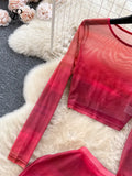 Korean Style Two Piece Suits O Neck Midi Blouse+High Waist Colorful Bodycon Skirt Women Fashion Transparent Slim