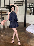 Hot Girl Retro Suit Women's Summer Halter Neck Off Shoulder Tank Top Denim Pleated Skirt Two-piece Set Female