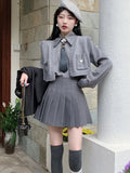 Skirt Set Women Salt Sweet Street 2023 Spring/autumn Tie + Shirts + Sweaters Vests + Pleated Skirts Ladies Three Piece