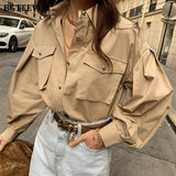 Chic Elegant Loose Single-breasted Shirts for Women 2020 Autumn New Fashion Full Sleeve Pockets Female Blouse