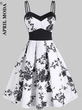 Spaghetti Strap Women Party Dress Formal Gowns Black Retro Floral Patchwork White Jurken Swing Pin Up Pleated Midi