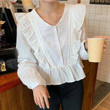 Korean Chic White Blouse Women Ruffles Tops Casual Long Sleeve Shirts Sweet V-neck Button Shirt Blusas Mujer De Moda