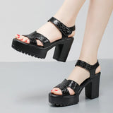 Leather High Heel Waterproof Sandals Women Fashion Crocodile Pattern Walking Shoes Summer Coarse Heel Magic Sticky H Women's