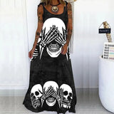 Vintage Punk Skull Print Party Dress Women Elegant O-Neck Sleeveless Sling Long Beach Casual Loose Long Summer