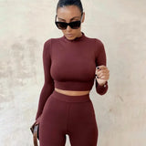 women spring autumn long sleeve soild colorcrop tops long pant tracksuit two piece clothes suit outfits matching