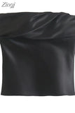 Black Crop Top Women Satin Corset Top Female Off Shoulder Sexy Tops For Women 2023 Pleated Sleeveless Backless Bustier