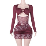 Purple Patchwork Long Sleeve Bodycon Mini Dress- Outfit