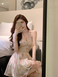 Chic Backless Chiffon Mini Dress Women 2023 Summer Floral Print Sexy Sleeveless Neck-mounted Holiday Sweet Female