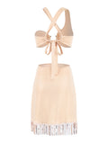 Sexy Tassel Women Two Piece Halter Sequined Skirt Lace Bra Tassel Mini Skirt Suit Beach Vacation Casual