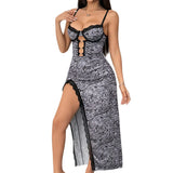 Women's Personality Metal Ring Zebra Sexy Deep V Hollow High Fork Dress