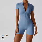 Zipper Dance Yoga Jumpsuit Short Playsuit Women Romper Short Sleeve Gym Fitness Overalls One Piece Sports Suit