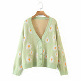 Winter Elegant Knitted Cardigan Kawaii Preppy Style Women Daisy Jacquard V Neck Loose Sweater Pull Femme Casual Coat
