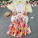 Zingj New Women's Dress Oversized Skirt Print Pleated Waist Lace Holiday