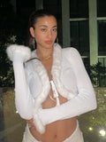 SUCHCUTE Gothic Cardigans Sweaters With Fur Trim Ribbed Knitted Aesthetic Bandage Sexy Women Long Sleeve Autumn Clothes
