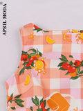 Arrivals Sleeveless Plaid Swing Flare Summer Dress Orange Fruit Printed 50s Elegant Party Wear A Line Midi Office