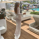 Women's Summer Long Knit See-through Beachwear Solid Color Flare Long Sleeve O Neck Hollow Backless Cover Up