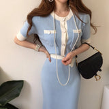 Korean Elegant Knitted 2 Pieces Sets Hit Color Single Breasted Short Sleeve O-neck Tops + High Waist Long