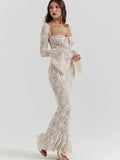 Lace Square Neck Long Flare Sleeve Maxi Dress- Outfit