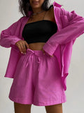Casual Shorts Tracksuit Long Sleeve Womens Shirts And Hot Waist Shorts Two Pieces Cotton Linen Suits Ladies