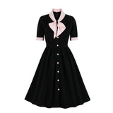 Spring Green Shirt Women Tunic Midi Dress Button Bow Neck Design 1920s 50S 60S Retro Vintage Cotton Swing Dresses For