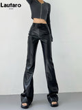 Spring Autumn Cool Casual Soft Black Pu Leather Floor Length Flare Pants for Women High Waist Korean Style Fashion