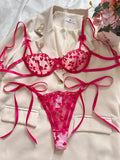 Heart-Shaped Embroidery Mesh Tie Up Lingerie Set-Outfit