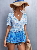 Summer Boho Blouse Women Floral Print Womens Tops And Blouses V Neck Short Sleeve Blouse For
