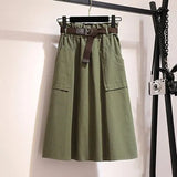 Knee Length Summer Autumn Skirt Women No Belt Casual Cotton Solid High Waist Sun School Skirt
